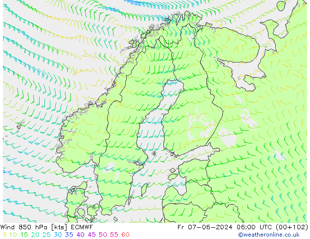 ветер 850 гПа ECMWF пт 07.06.2024 06 UTC