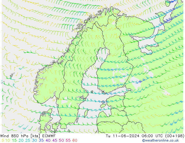 wiatr 850 hPa ECMWF wto. 11.06.2024 06 UTC