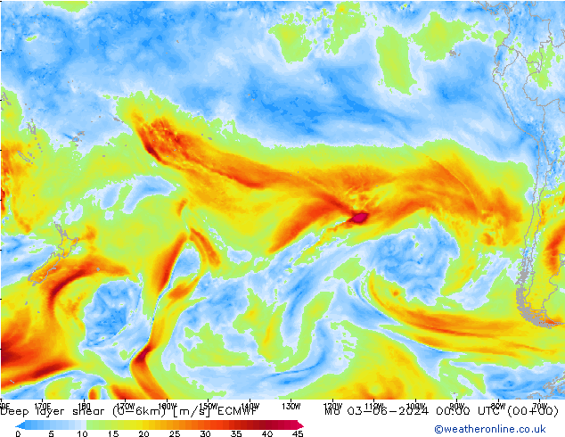 Deep layer shear (0-6km) ECMWF пн 03.06.2024 00 UTC