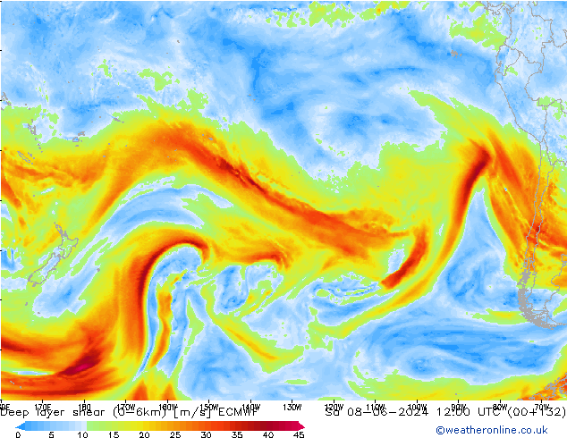 Deep layer shear (0-6km) ECMWF сб 08.06.2024 12 UTC