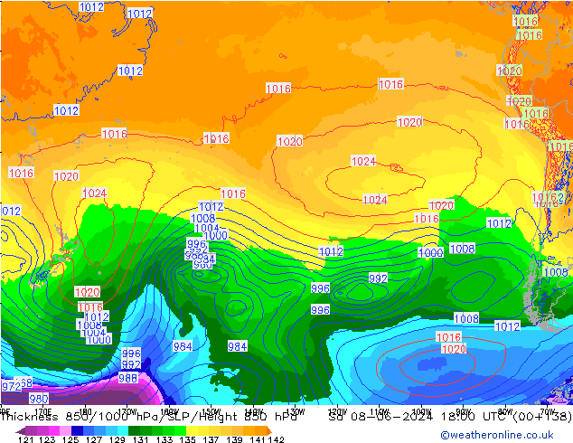 Thck 850-1000 гПа ECMWF сб 08.06.2024 18 UTC