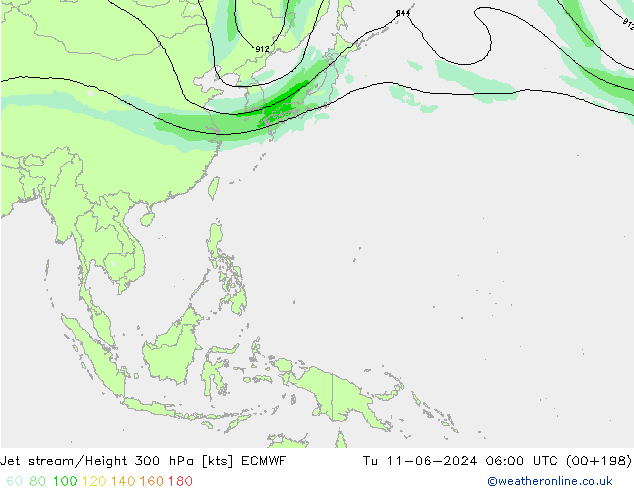 Jet stream/Height 300 hPa ECMWF Tu 11.06.2024 06 UTC