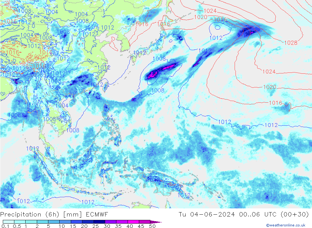 Totale neerslag (6h) ECMWF di 04.06.2024 06 UTC