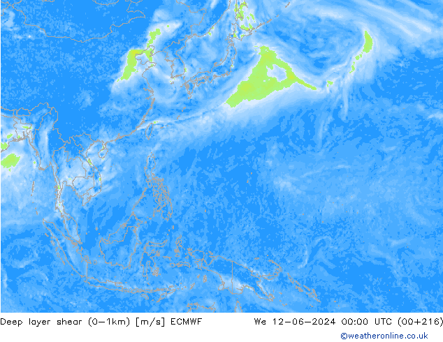 Deep layer shear (0-1km) ECMWF We 12.06.2024 00 UTC