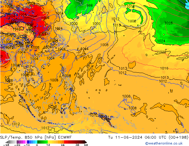 SLP/Temp. 850 hPa ECMWF mar 11.06.2024 06 UTC