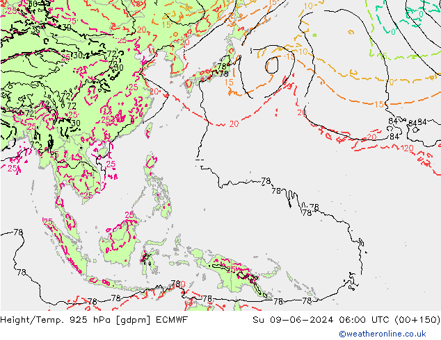 Height/Temp. 925 hPa ECMWF dom 09.06.2024 06 UTC