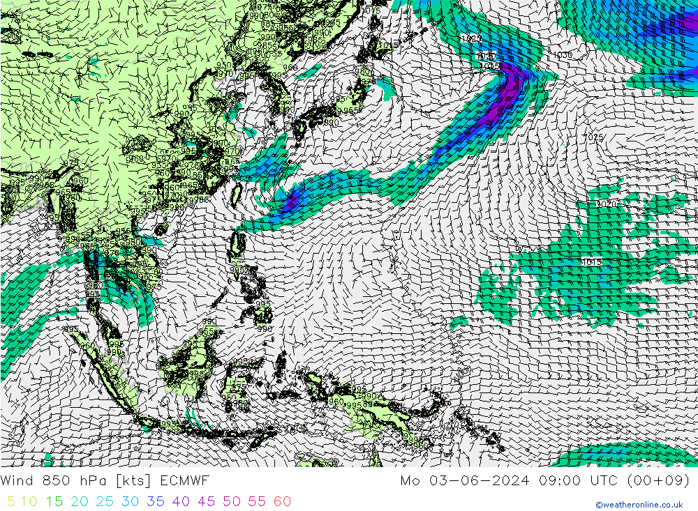 wiatr 850 hPa ECMWF pon. 03.06.2024 09 UTC
