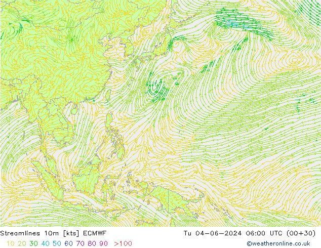 Stroomlijn 10m ECMWF di 04.06.2024 06 UTC