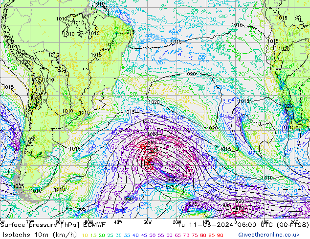 Eşrüzgar Hızları (km/sa) ECMWF Sa 11.06.2024 06 UTC