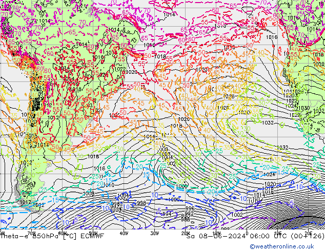 Theta-e 850hPa ECMWF sab 08.06.2024 06 UTC