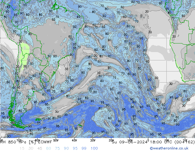 Humidité rel. 850 hPa ECMWF dim 09.06.2024 18 UTC