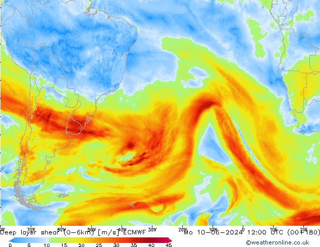 Deep layer shear (0-6km) ECMWF Mo 10.06.2024 12 UTC