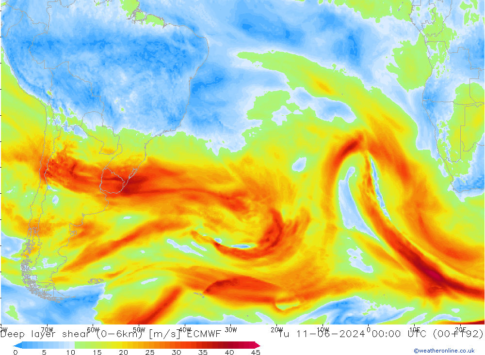 Deep layer shear (0-6km) ECMWF Sa 11.06.2024 00 UTC