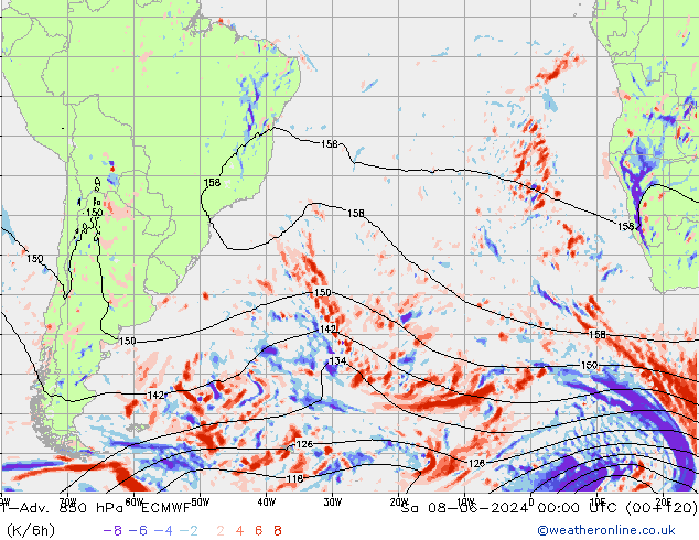 T-Adv. 850 гПа ECMWF сб 08.06.2024 00 UTC