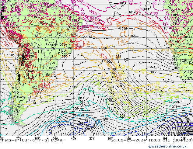 Theta-e 700hPa ECMWF So 08.06.2024 18 UTC