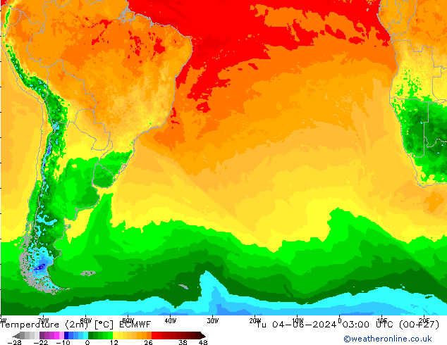 mapa temperatury (2m) ECMWF wto. 04.06.2024 03 UTC