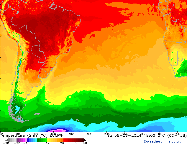 Temperature (2m) ECMWF Sa 08.06.2024 18 UTC