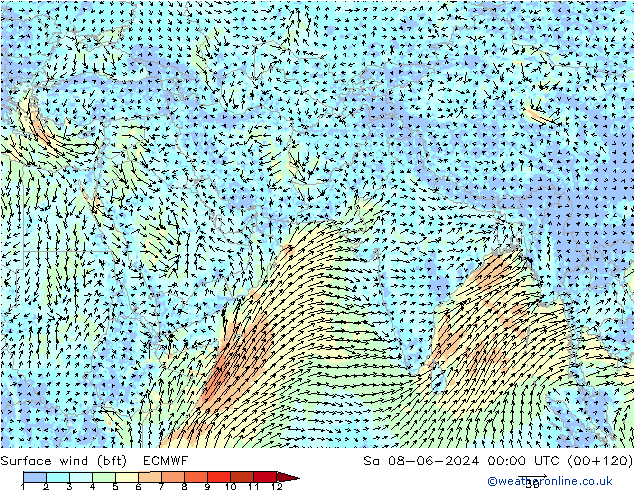 Viento 10 m (bft) ECMWF sáb 08.06.2024 00 UTC