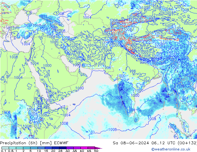 Precipitation (6h) ECMWF Sa 08.06.2024 12 UTC