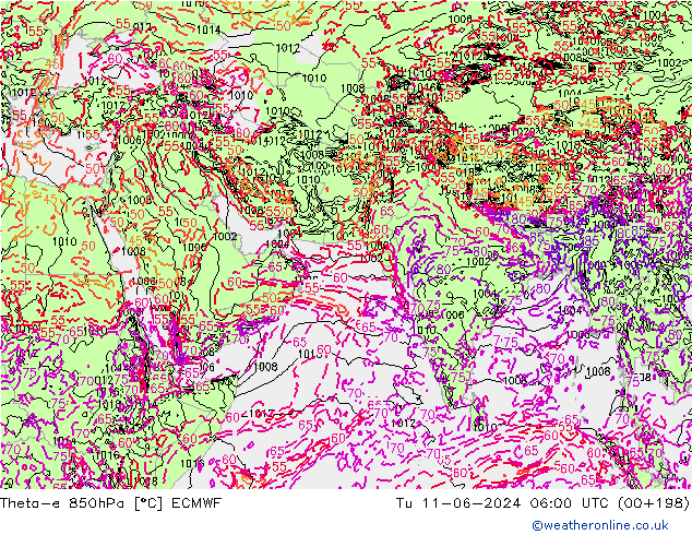 Theta-e 850hPa ECMWF di 11.06.2024 06 UTC