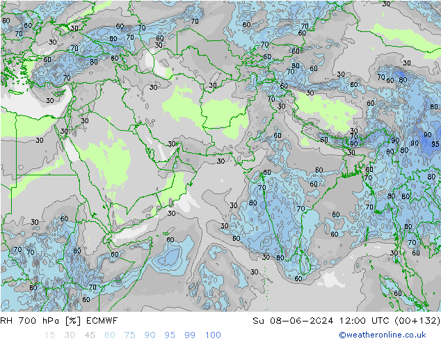 RH 700 hPa ECMWF so. 08.06.2024 12 UTC