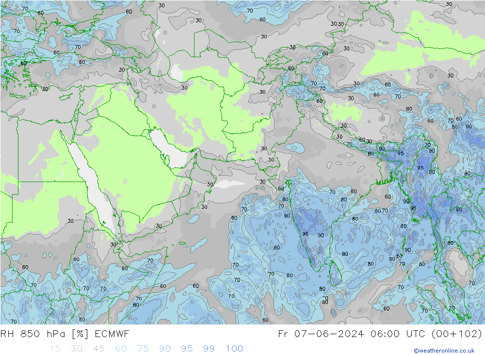 Humedad rel. 850hPa ECMWF vie 07.06.2024 06 UTC