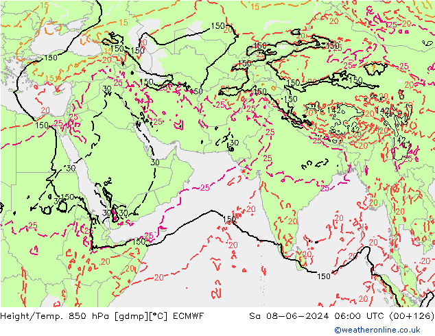 Geop./Temp. 850 hPa ECMWF sáb 08.06.2024 06 UTC