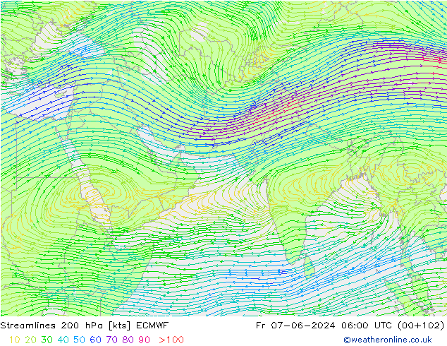 Streamlines 200 hPa ECMWF Fr 07.06.2024 06 UTC