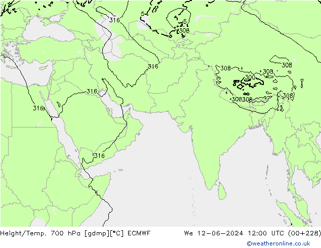 Geop./Temp. 700 hPa ECMWF mié 12.06.2024 12 UTC