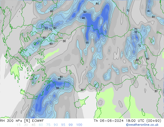 RH 300 hPa ECMWF czw. 06.06.2024 18 UTC