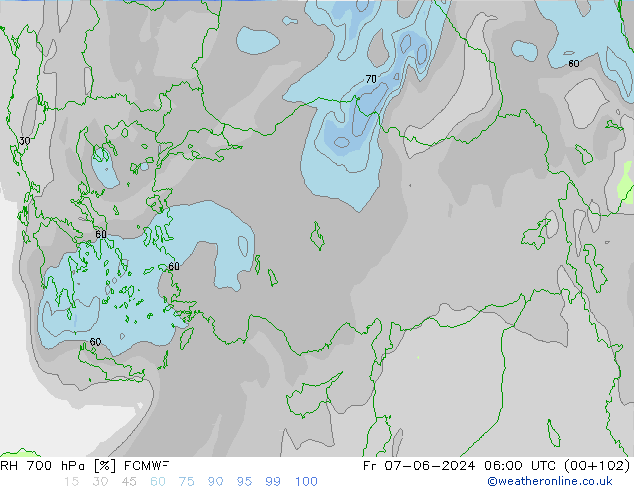 Humedad rel. 700hPa ECMWF vie 07.06.2024 06 UTC