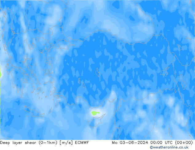 Deep layer shear (0-1km) ECMWF pon. 03.06.2024 00 UTC