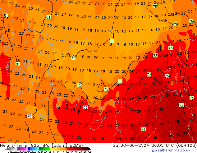 Geop./Temp. 925 hPa ECMWF sáb 08.06.2024 06 UTC