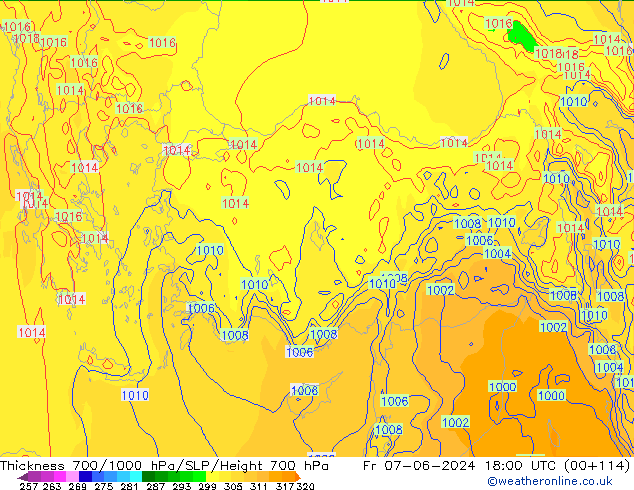 Espesor 700-1000 hPa ECMWF vie 07.06.2024 18 UTC