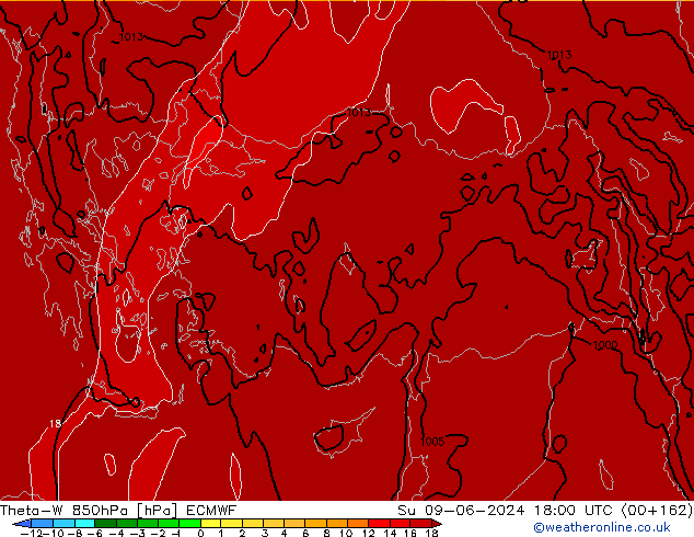 Theta-W 850гПа ECMWF Вс 09.06.2024 18 UTC