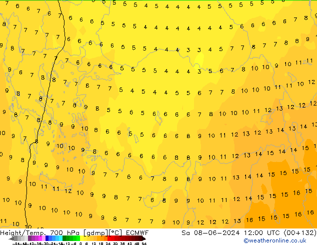 Geop./Temp. 700 hPa ECMWF sáb 08.06.2024 12 UTC