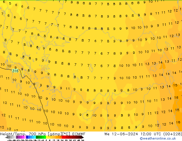 Height/Temp. 700 hPa ECMWF We 12.06.2024 12 UTC