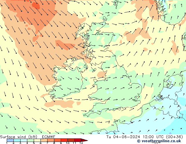 Surface wind (bft) ECMWF Út 04.06.2024 12 UTC