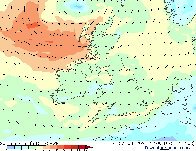 Vento 10 m (bft) ECMWF Sex 07.06.2024 12 UTC