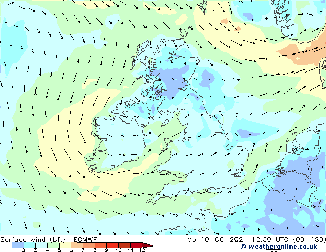 Surface wind (bft) ECMWF Mo 10.06.2024 12 UTC