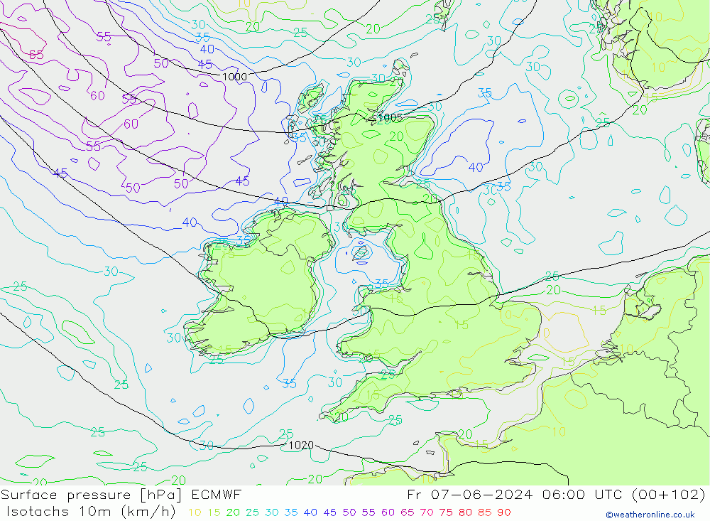 Isotachs (kph) ECMWF Sex 07.06.2024 06 UTC