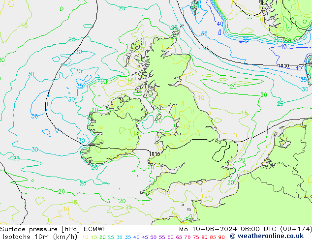 Isotachs (kph) ECMWF Mo 10.06.2024 06 UTC