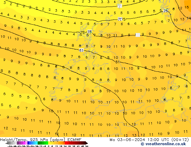 Yükseklik/Sıc. 925 hPa ECMWF Pzt 03.06.2024 12 UTC