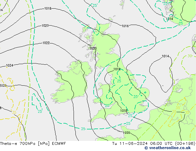 Theta-e 700hPa ECMWF Tu 11.06.2024 06 UTC