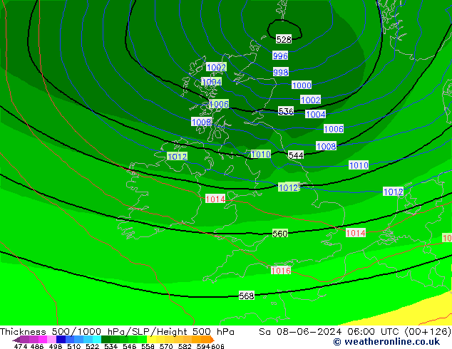 Dikte 500-1000hPa ECMWF za 08.06.2024 06 UTC