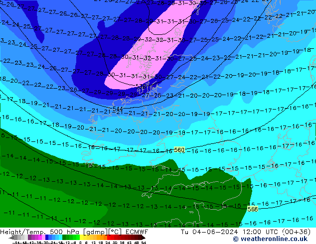 Z500/Rain (+SLP)/Z850 ECMWF вт 04.06.2024 12 UTC