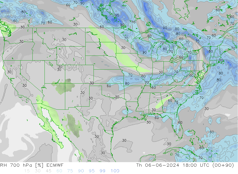 RH 700 hPa ECMWF czw. 06.06.2024 18 UTC