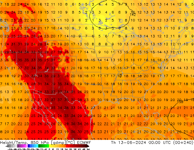 Height/Temp. 850 hPa ECMWF Do 13.06.2024 00 UTC