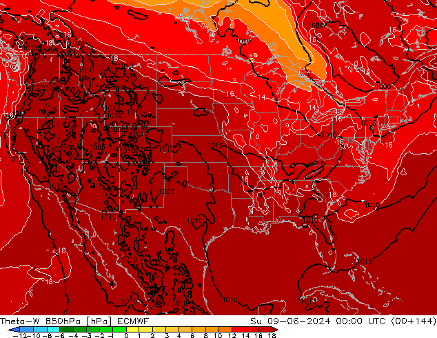 Theta-W 850гПа ECMWF Вс 09.06.2024 00 UTC