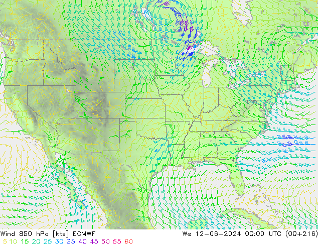 Vent 850 hPa ECMWF mer 12.06.2024 00 UTC